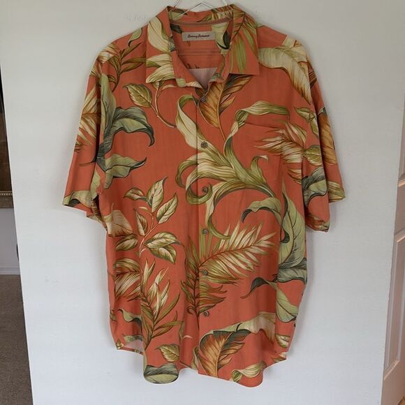 Tommy Bahama 100% Silk Hawaiian Shirt Orange Palm Tree Design Button Up Size XL - Picture 2 of 13
